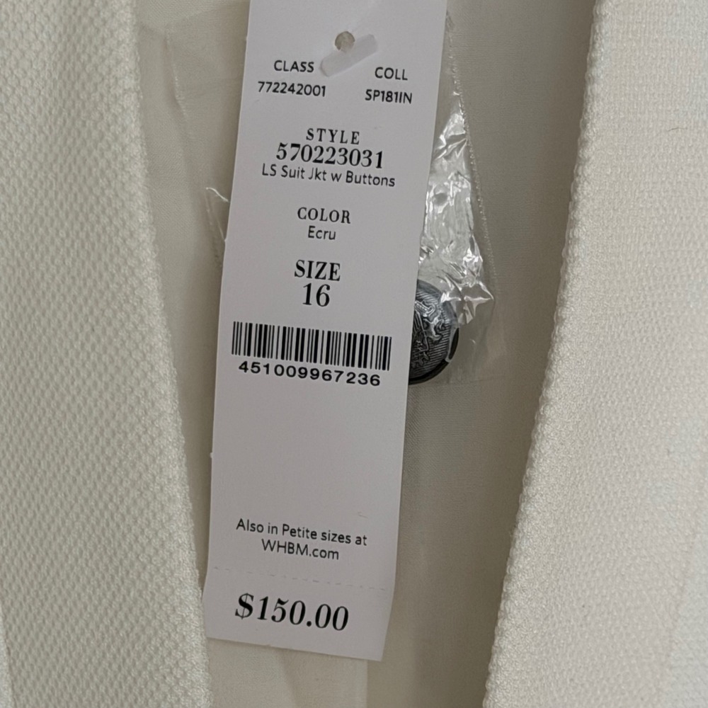 White House Black Market White Textured Blazer 16 Hook & Eye Closure Office NWT - Picture 6 of 8